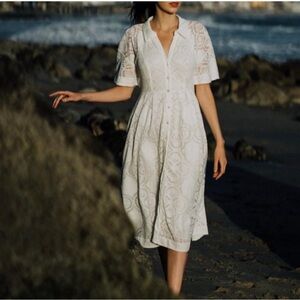 Anthropologie Maeve Women's Short Sleeve Lace Eyelet Midi White